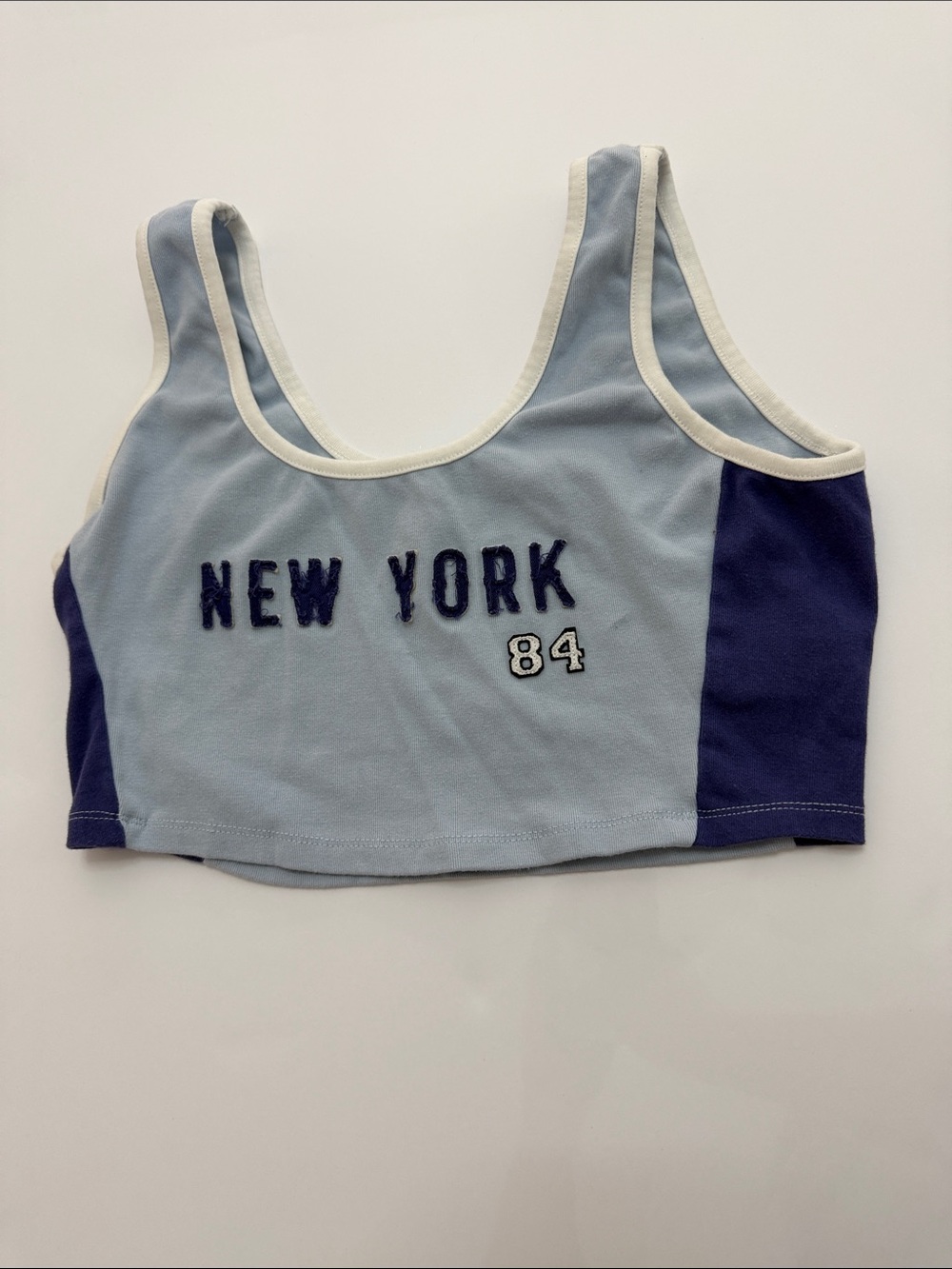 Forever 21 New York 84 Light Blue & Navy Crop Tank